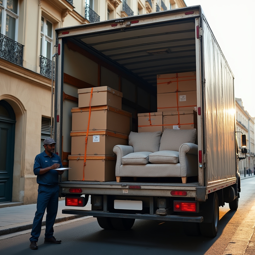 Camion de déménagement Wallonia Days en cours de chargement dans une rue parisienne